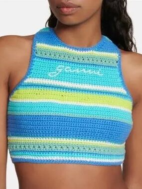 Ganni Striped Crocheted Crop Tank — Blue, Aqua & Lime racerback size 36